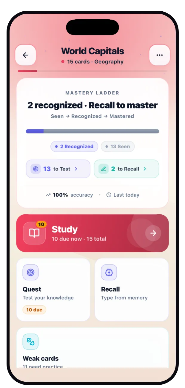 Deck mastery ladder showing recall progress