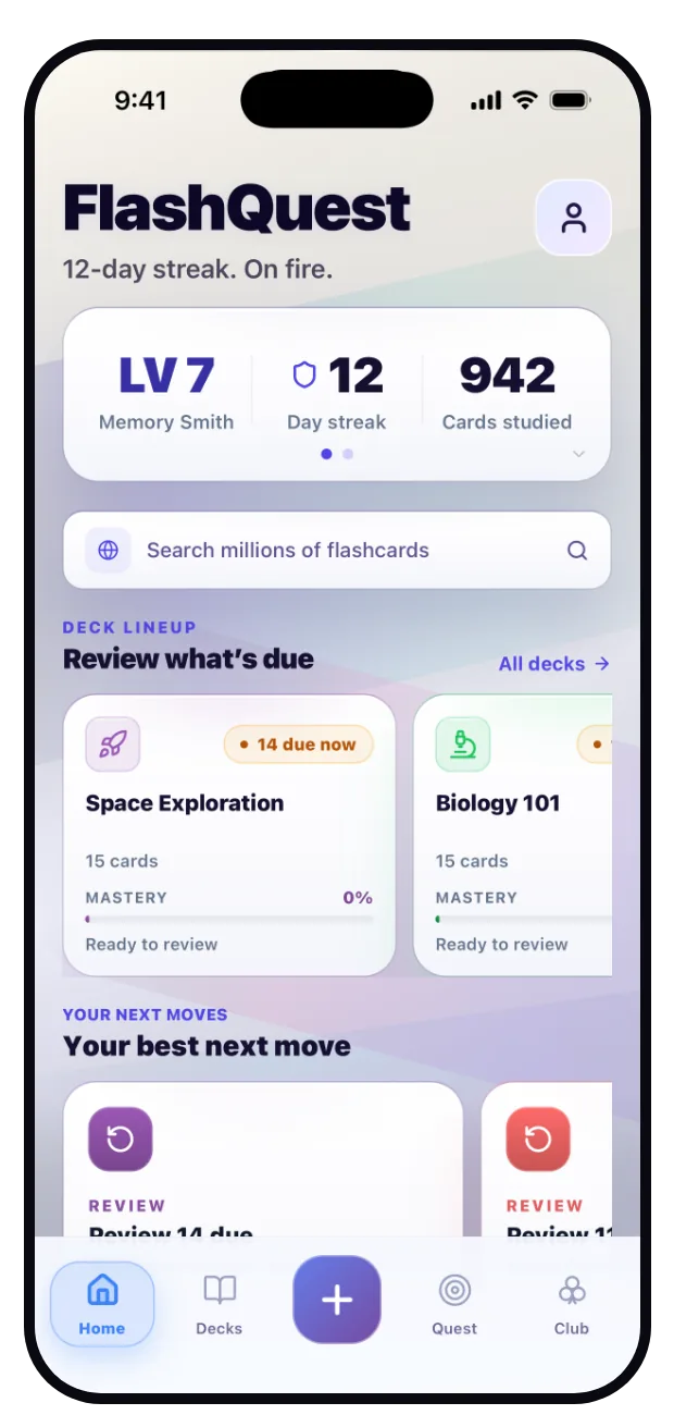 FlashQuest home screen with a 12-day streak