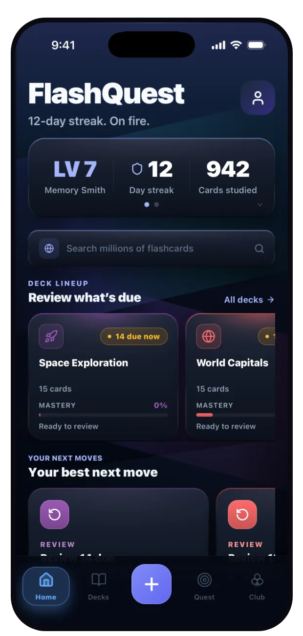 FlashQuest home screen with a 12-day streak