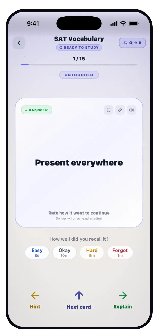 Study session with a revealed answer and grade buttons