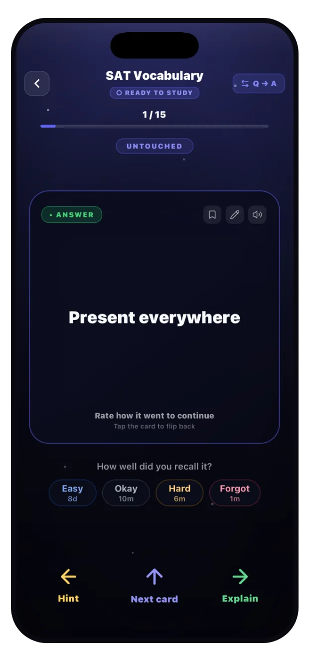 Study session with a revealed answer and grade buttons